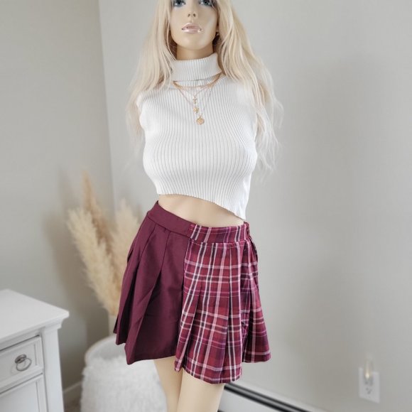 NWT Burgrundy and pink plaid pleated y2k style school girl mini skirt. - Picture 9 of 10